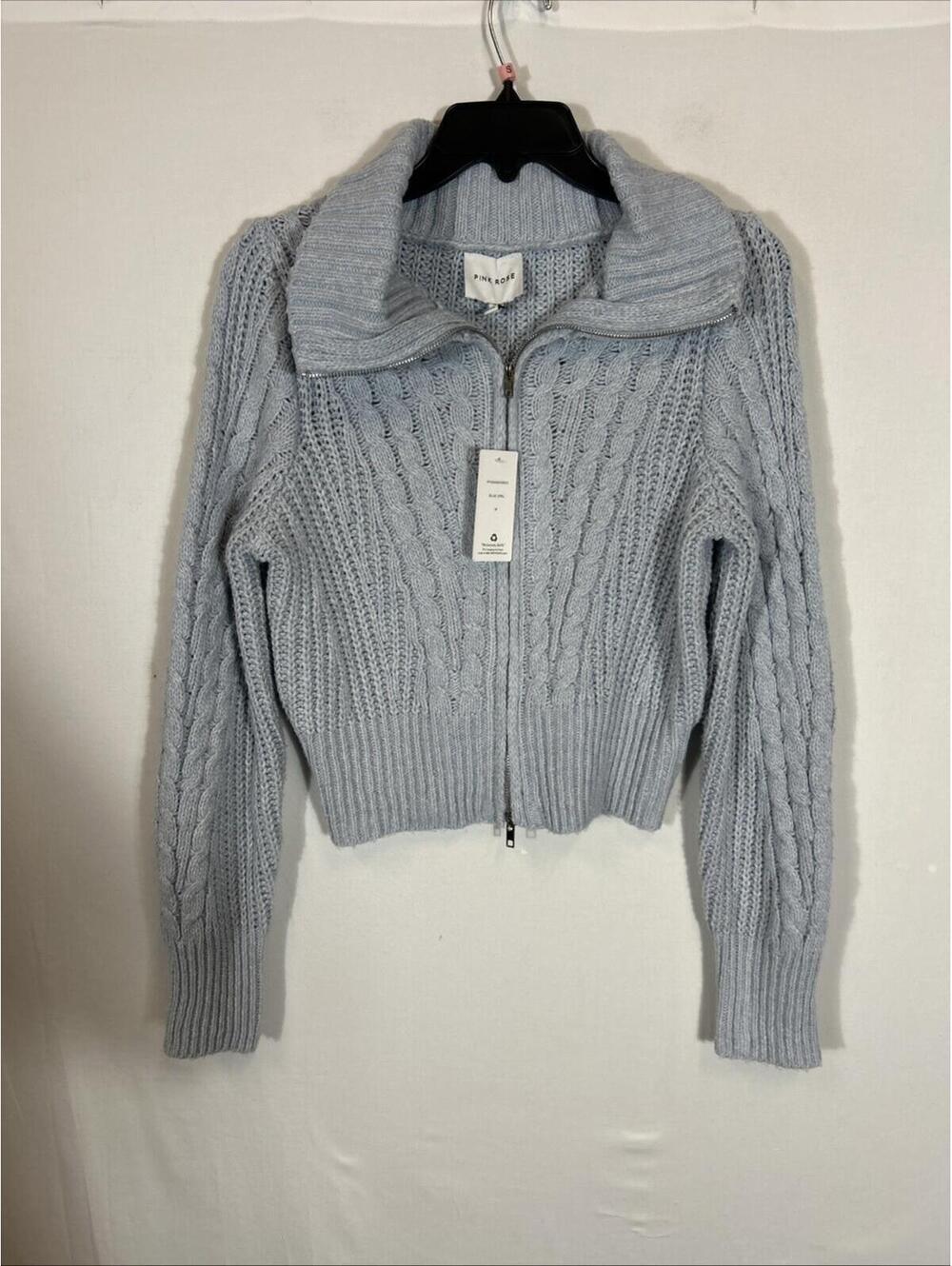 $223 Pink Rose Woman’s Blue Sweater Zip-Front Design a Cozy Cable-Knit L